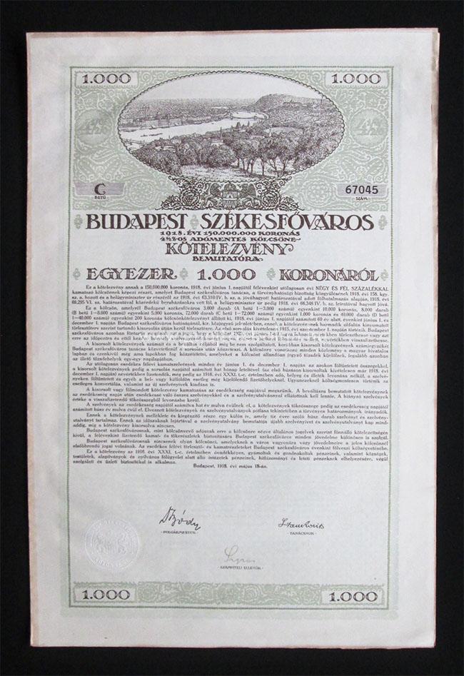 Budapest Székesfőváros kötelezvény 1000 korona 1918
